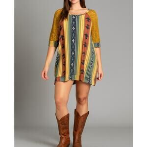 Lucky & Blessed Yellow Western Rodeo Mini Flowy Dress Womens Large Aztec Stripes